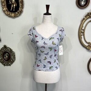 California Club Grey Butterfly Print Ribbed Top Small